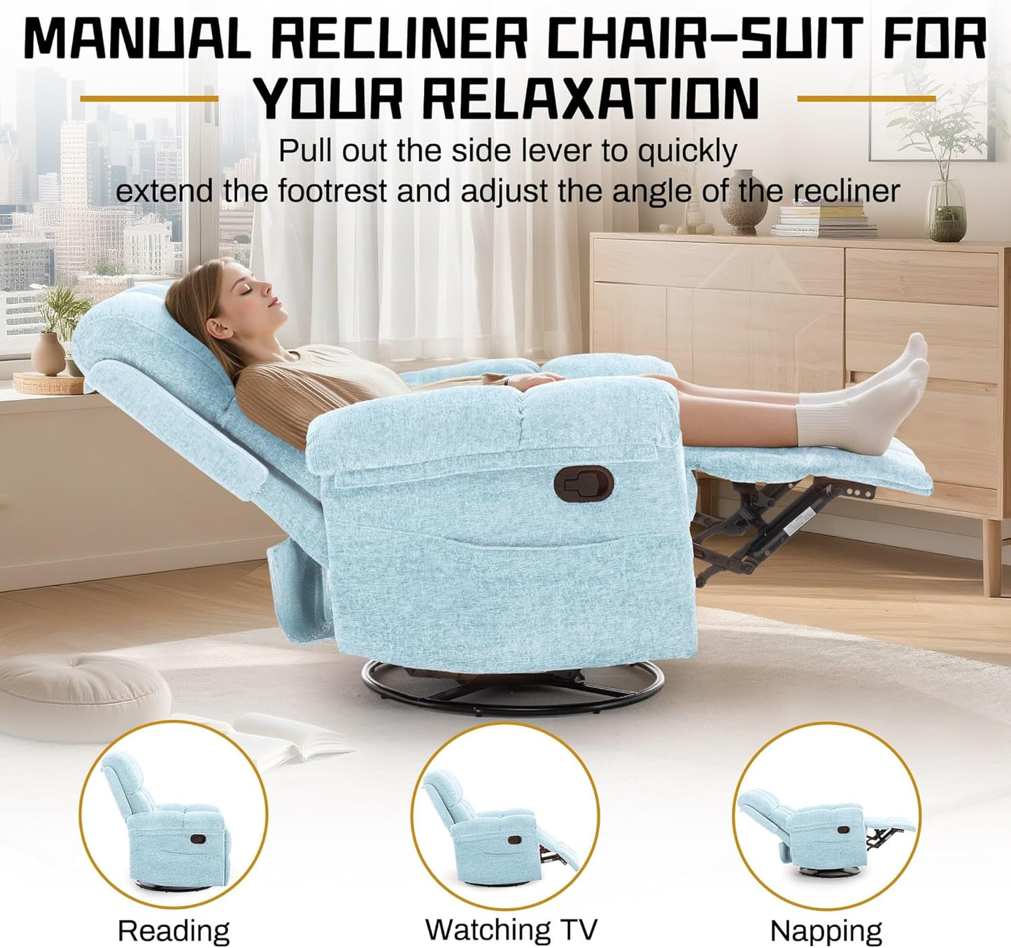 Korser Recliner Chair, Swivel Rocker Recliner Chair for Adults, Small Recliners for Small Spaces, Upholstered Manual Recliner with Side Pockets, Nursery Rocking Chair for Living Room, Chenille, Beige