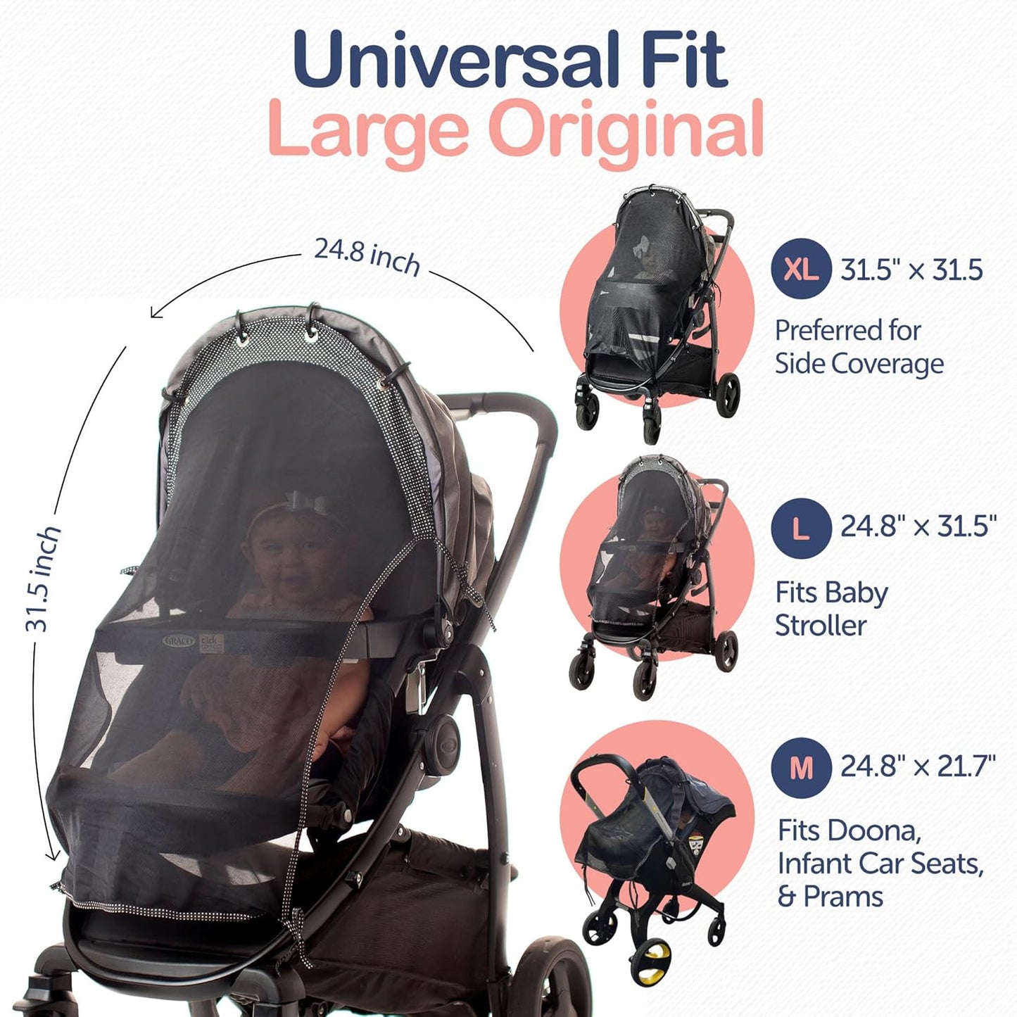 Stroller Sun Shade Extender – Universal Clip-On Baby Stroller Sun Shade Cover, UV Protection, Breathable See-Through Mesh, Adjustable Fit, Large Black