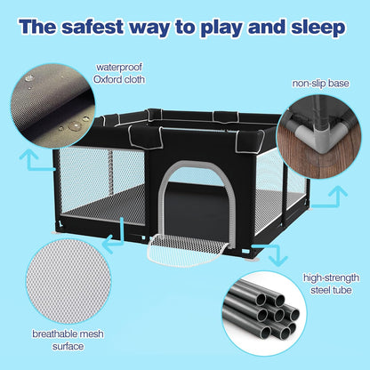 Grobeybees Playpen for Babies and Toddlers, Small Baby Playpen, Playard with Bag, Indoor & Outdoor Play Pen, Sturdy Safety Baby Play Yard with Soft Breathable Mesh(Black, 36x36 inches)