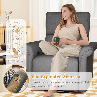 Power Swivel Rocker Recliner Chair for Nursery, Upholstered Snowflake Velvet 270°Swivel Glider Rocker Chair with USB Ports, Small Power Recliners for Small Spaces Living Room