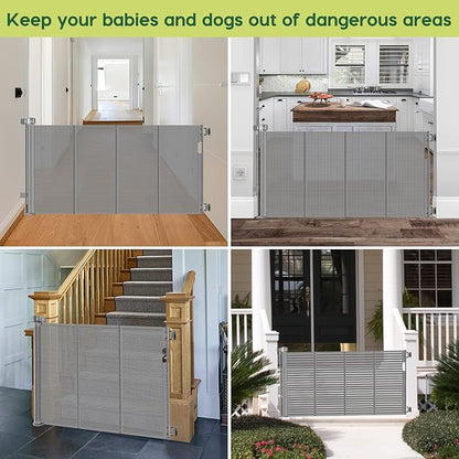 Reinforced 55" Wide Retractable Dog Gate with Support Rods, 33" Tall Retractable Baby Gate for Dogs, No Sag and Wrinkle Mesh Child Gates for Doorways, Indoor Pet Barrier Stair Gates for Kids, Gray