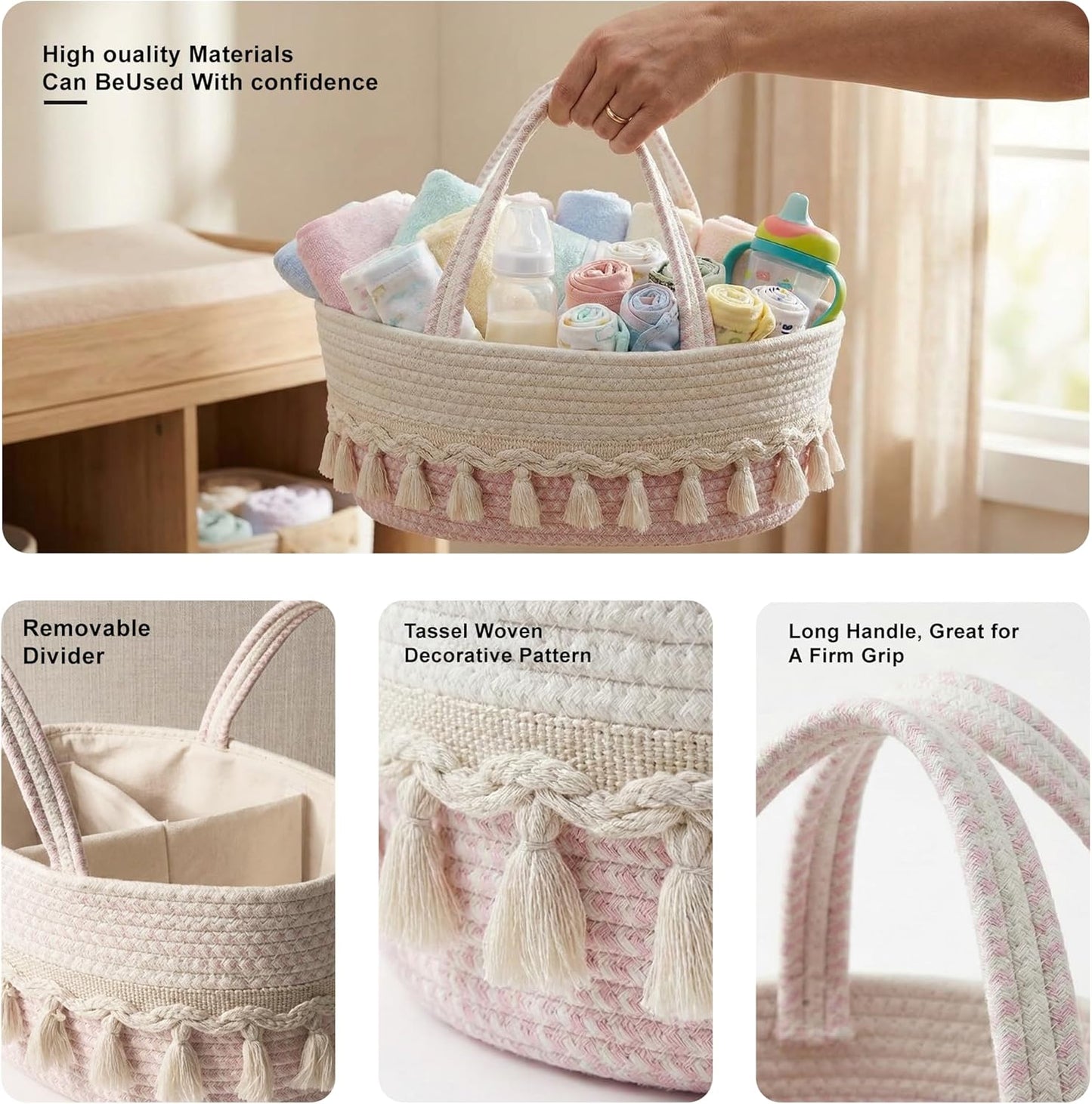 Diaper Caddy Organizer, Stylish Nursery Storage Basket, Baby Shower Basket with Tassel Decorative Appearance, Portable Storage Basket Suitable for Family and Car Travel (Grey)