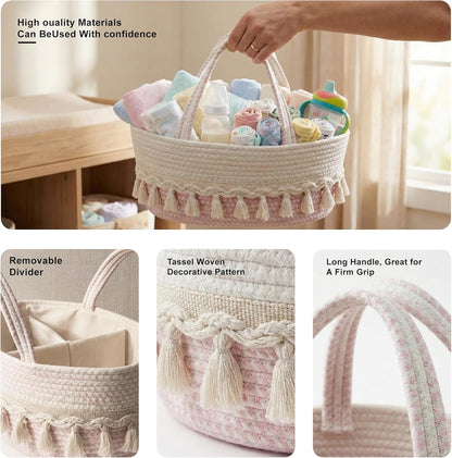 Diaper Caddy Organizer, Stylish Nursery Storage Basket, Baby Shower Basket with Tassel Decorative Appearance, Portable Storage Basket Suitable for Family and Car Travel (Grey)