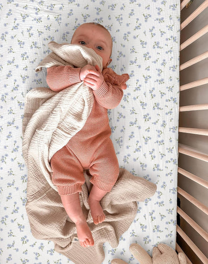 Muslin Bedside Bassinet Sheets 2 Pack, 33x20 Fitted Ultra Soft & Breathable Bedside Sleeper Sheets, Ideal for Baby Girl and Boy, Perfect for Newborns (Hopping Bunnies & Beige)