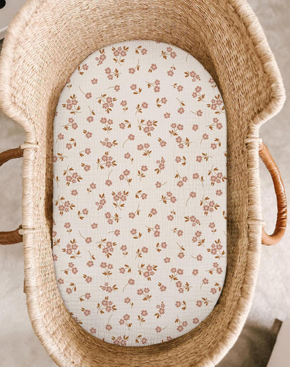 Muslin Bedside Bassinet Sheets 2 Pack, 33x20 Fitted Ultra Soft & Breathable Bedside Sleeper Sheets, Ideal for Baby Girl and Boy, Perfect for Newborns (Hopping Bunnies & Beige)