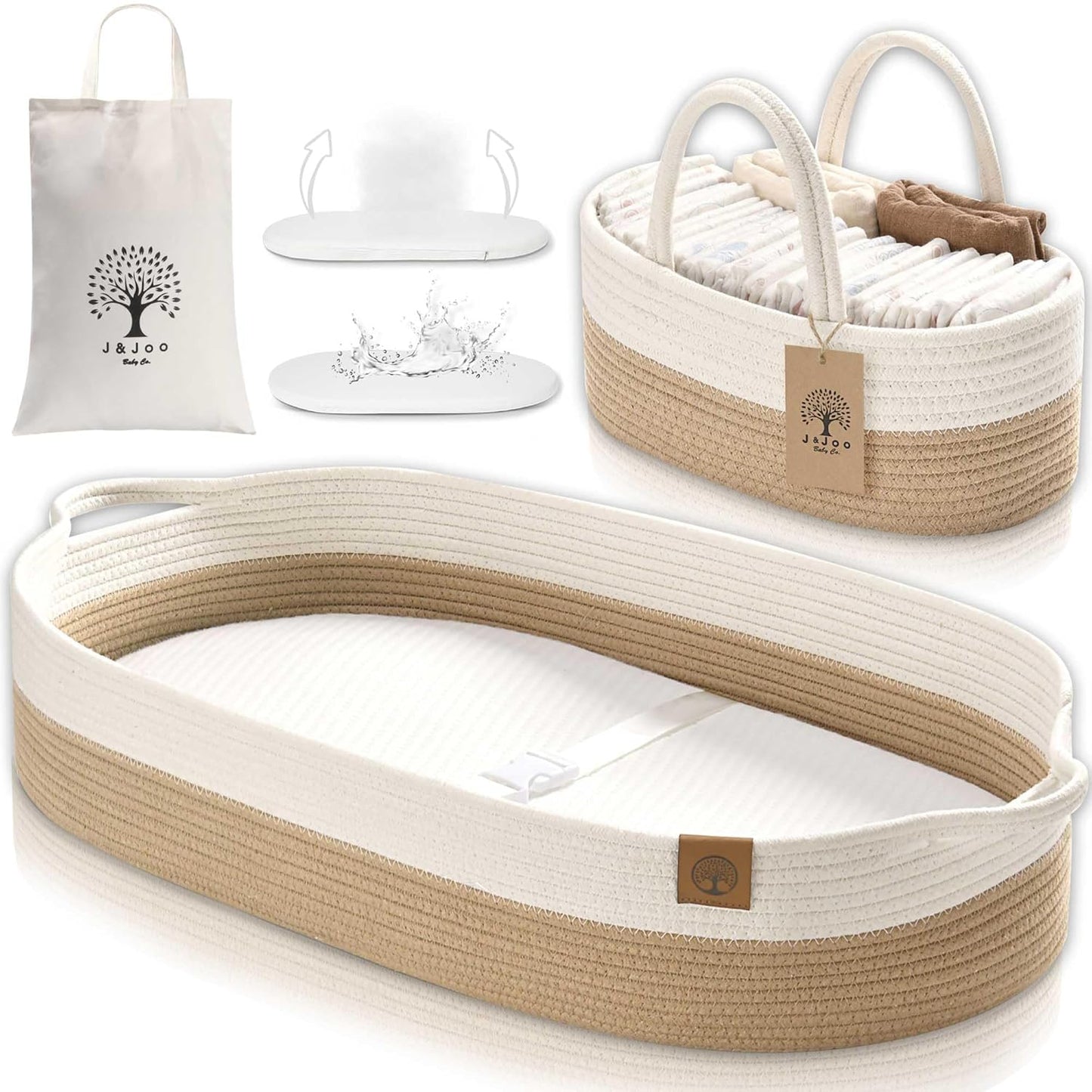 J&JOO Baby Changing Basket includes Diaper Caddy - Soft & Waterproof Dual-Cover, Portable, Changing Pad for Dresser & Changing Table, Gift for Baby Shower, Organic Cotton Rope