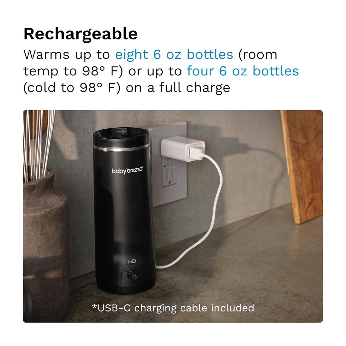 Baby Brezza Portable Warmer – 3X Faster Baby Bottle Warming - Travel Breastmilk and Formula Warmer - Safe, Even Heating - Up to 9oz - No Adapters, Black