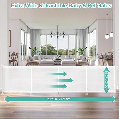 Upgrade 180 inch Retractable Baby Gates, EZIGO Extra Wide Baby Gate for Large Opening Extra Long Mesh Gate for Kids or Pet Dog Gate Child Safety Gate for Stairs Hallways Doorway Indoor Outdoor, White