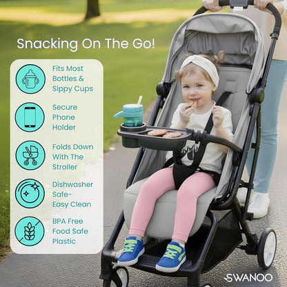 Swanoo Universal Stroller Snack Tray | Compatible With Nuna Mockingbird Bugaboo Uppababy | Stroller Bumper Bar Tray Attachment with Cup Holder | Baby Toddler Disneyland Essentials Stroller Accessories