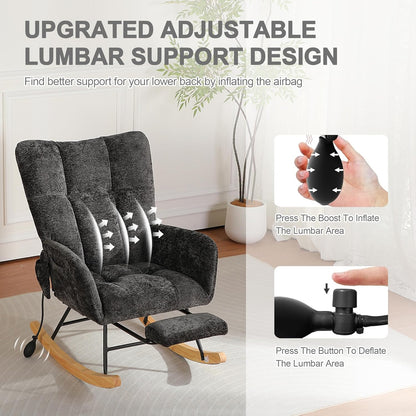 Rocking Chair Nursery with Airbag, Comfy Modern Nursery Rocking Reading Chair indoor with Footrest, Cozy Upholstered Glider Rocker Chairs for Living Room Bedroom Offices(Chenille, Dark Grey)