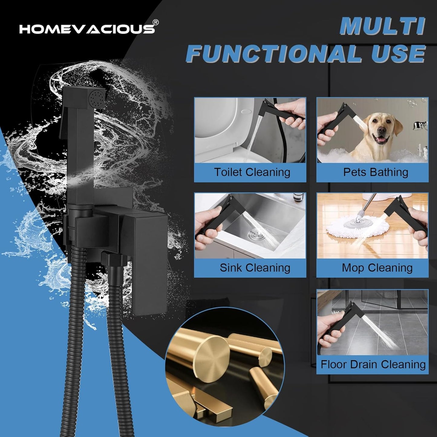 Homevacious Handheld Bidet Sprayer Faucet for Toilet with Hot and Cold Rough-in Valve Adjustable Water Pressure Round Brass Bidet Attachment Set for Feminine Pets and Baby Diaper Washing Matte Black