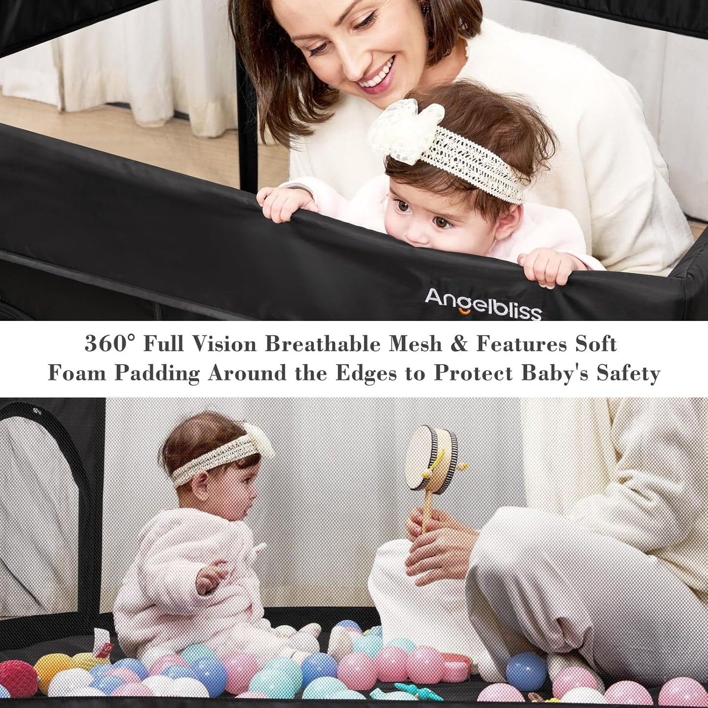 ANGELBLISS 50x50 Foldable Baby Playpen with Carrying Bag & Safety Lock - ASTM F406 Certified Baby Fence for Indoor/Outdoor, Lightweight Portable Play Yard with Breathable Mesh (Black)