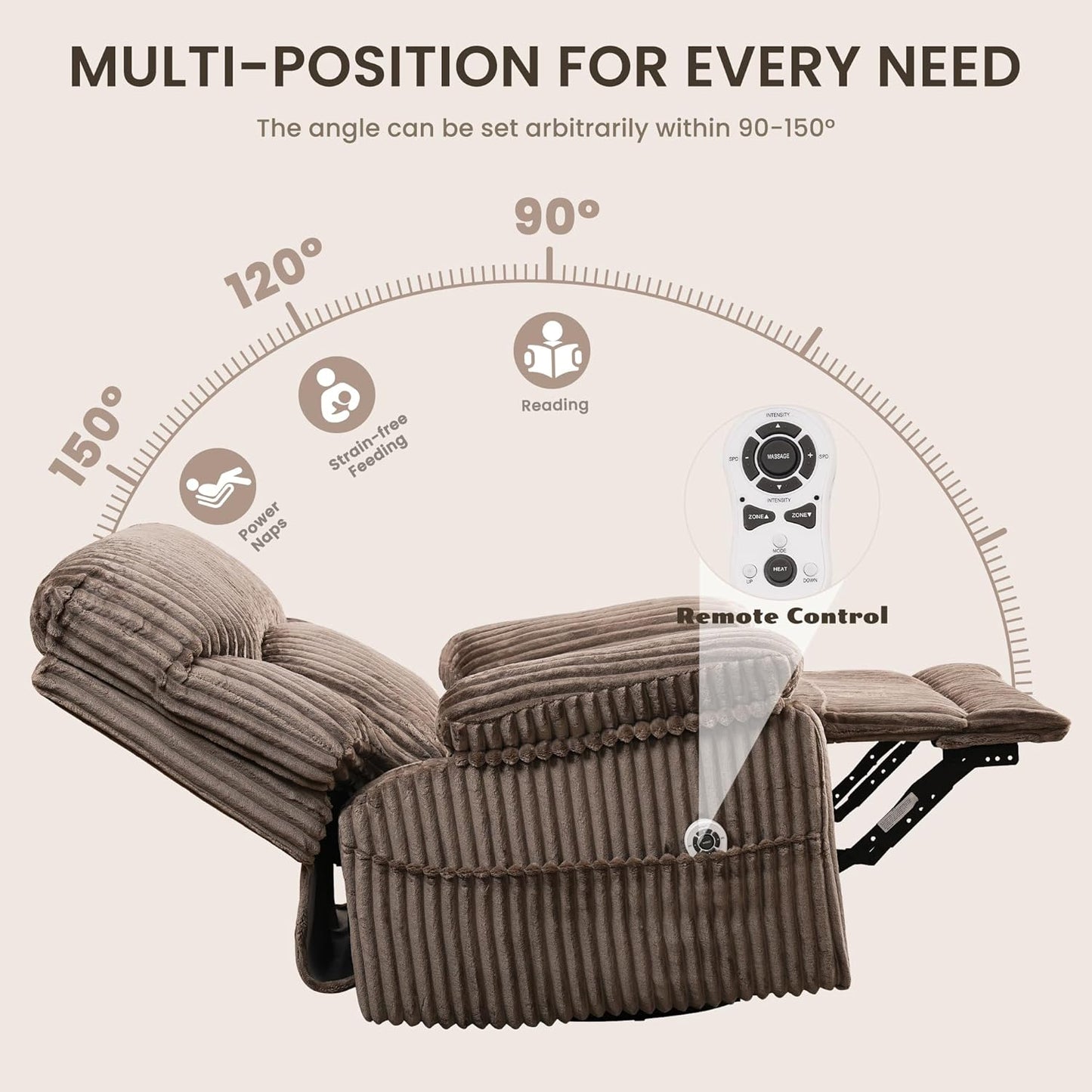 GRAINELL Oversize Power Swivel Recliner, 40in Wide Electric Glider Rocking Chair with Headrest Adjustment, USB Port, 270° Swivel, Rock 30° – for Living Room, Nursery, Black (5" 7' to 6" 1' Height)