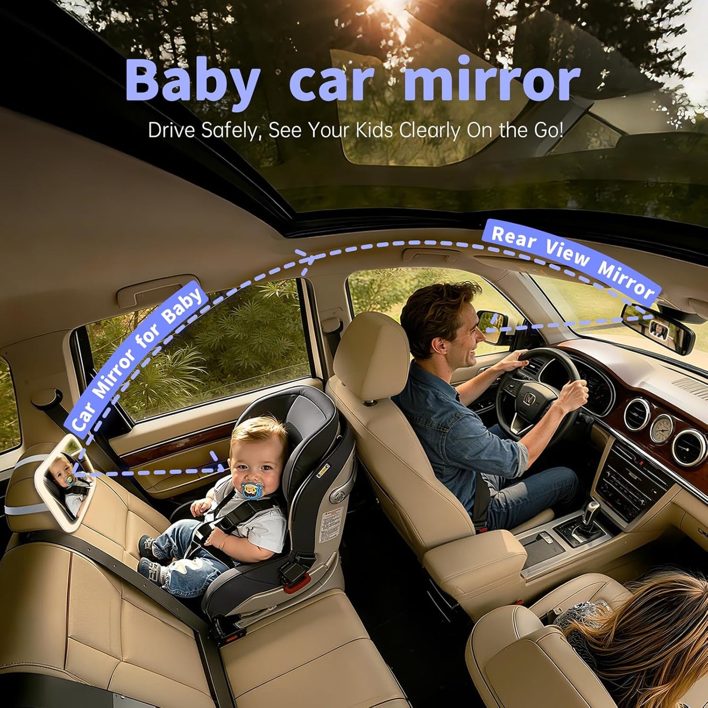 Baby Car Mirror with Remote Control Light, Shatterproof, 360° Adjustable Wide View with Night Vision, Easy Install for Rear Facing Infant Backseat (Voice gradient white)