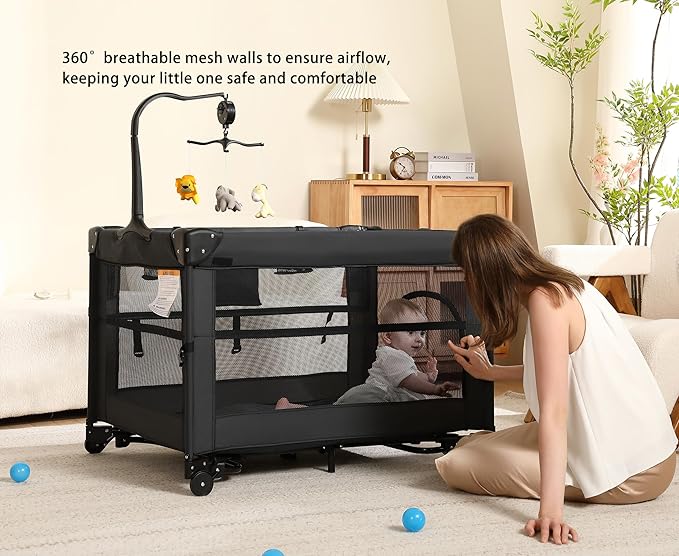 Pack and Play, 4 in 1 Baby Playard – Portable Crib, Bassinet, Bedside Sleeper, Changing Table & Playpen | Breathable Mesh | Safe & Foldable for Newborns to Toddlers (Black)