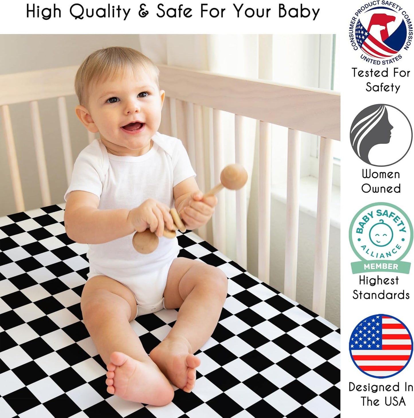Sweet Jojo Designs 2-Piece Baby Bassinet Sheets Set (Black/White Gingham Checkered Plaid) for Boy/Girl, Infant Newborn Nursery, Oval, Rectangle & Hourglass Mattress (Solid Onyx & Classic Checkerboard)