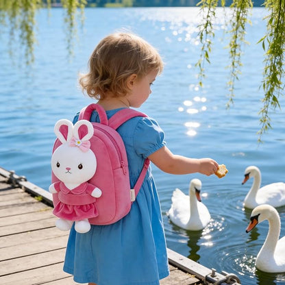 Gloveleya Kids Backpack Girl Backpack Toddler Girl Backpacks with Stuffed Bunny Toy Rose Red 9''