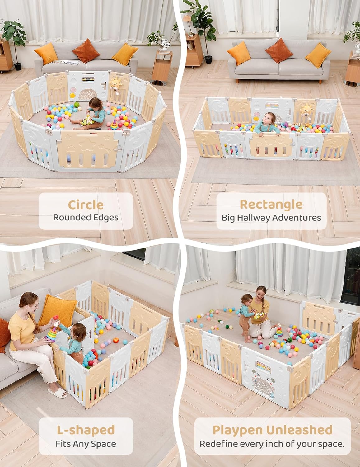 Baby Playpen, Dripex Baby Playard for Babies and Toddlers, 14-Panel Foldable Playpen Adjustable Portable Play Area, Indoor/Outdoor Kids Active Center with Game Panel & Safety Gate, Grey White