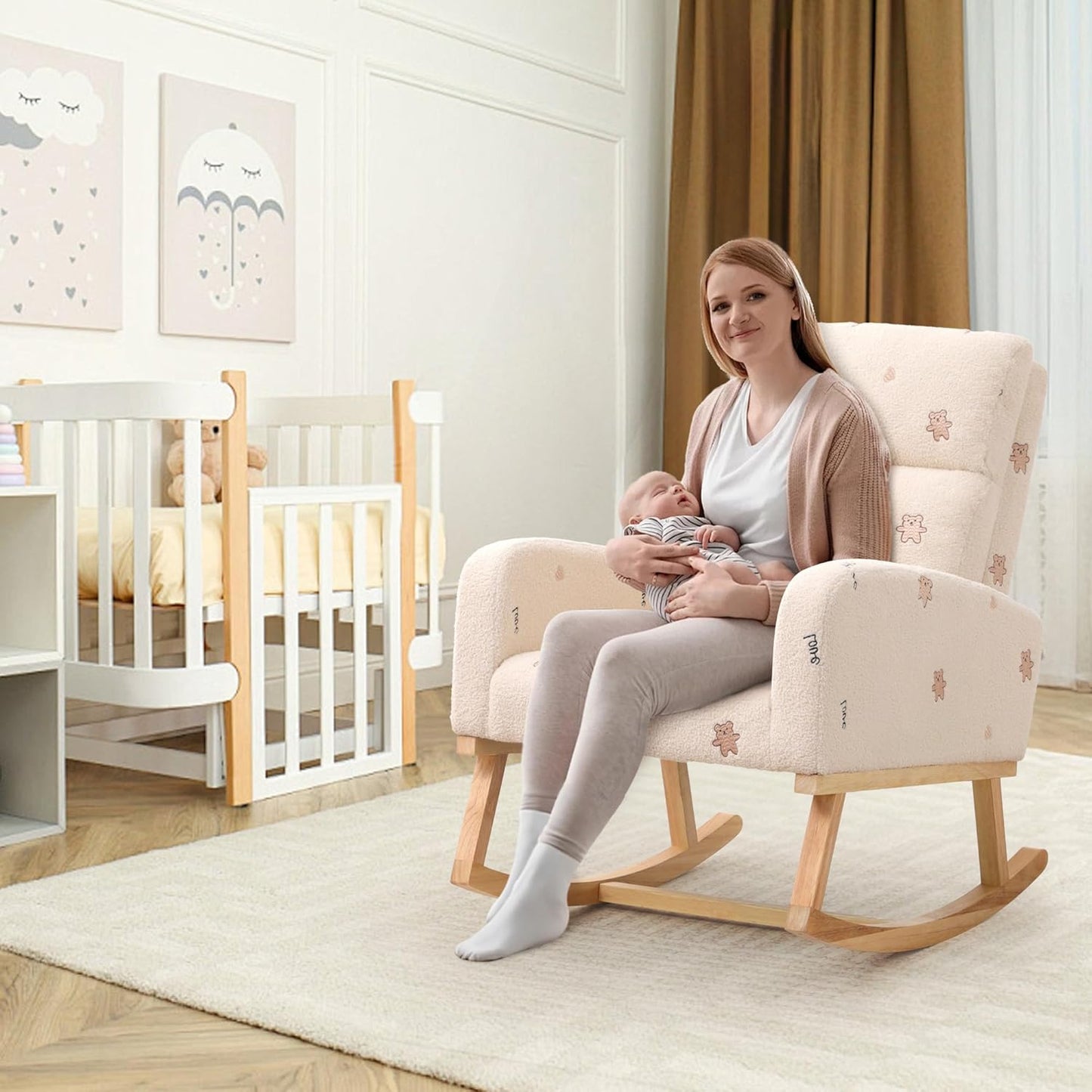 HCHAIRH Rocking Chair Nursery, Upholstered Fabricr Nursing Rocking Chairs with Soft High Back, Modern Nursery Glider Rocker for Mom Living Room, Bedroom, Camel