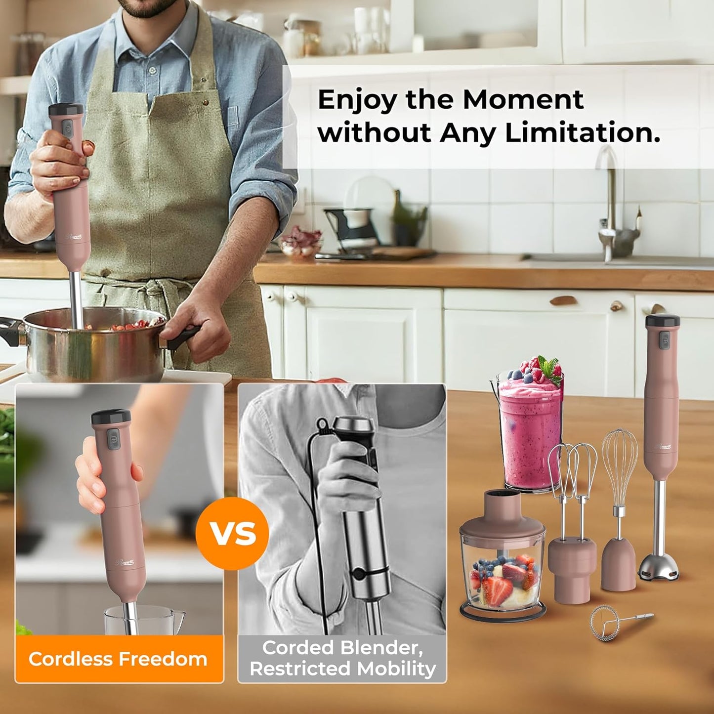 Rosewill 6-in-1 Multi-Speed Cordless Rechargeable Immersion Hand Blender, Heavy Duty Motor - Stick Blender, Beaker, Whisk, Chopper, Dual Beater, Milk Frother - For Smoothies, Baby Food, Soup - Mocha