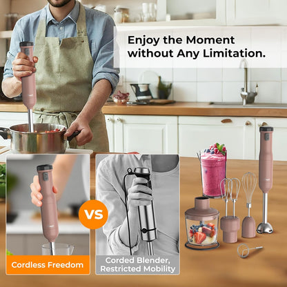 Rosewill 6-in-1 Multi-Speed Cordless Rechargeable Immersion Hand Blender, Heavy Duty Motor - Stick Blender, Beaker, Whisk, Chopper, Dual Beater, Milk Frother - For Smoothies, Baby Food, Soup - Mocha