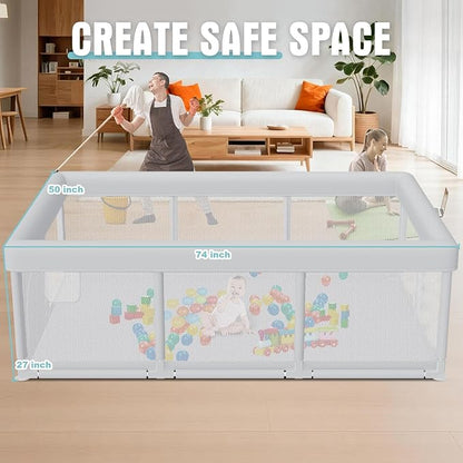 Hiaksedt Baby Playpen 74x50 Inch, Play Pens for Babies and Toddlers Baby Fence Play Yards for Indoor & Outdoor with Breathable Mesh Anti-Fall Playpen (74"x50")