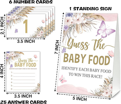 Guess the Baby Food Party Games, Baby Shower Game Set, 1 Standing Sign + 25 Answer Cards + 6 Number Cards, Boho Wild West Gender Reveal Party Decoration Supplies -B05