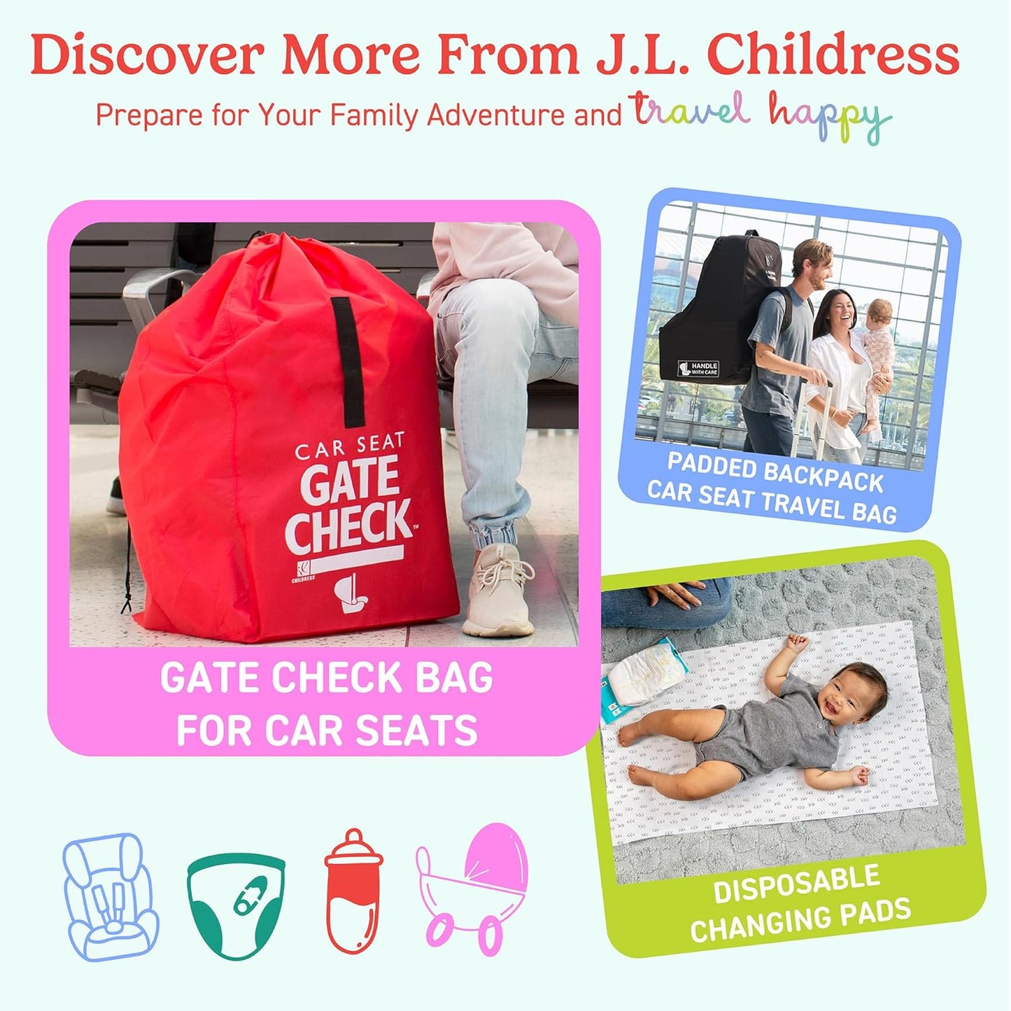 J.L. Childress Gate Check Bag for Single & Some Double Strollers - Travel Bag for Airplane, Fits Most Standard Baby Strollers, Airport Accessories for Gate Check, Flying Essentials - Red