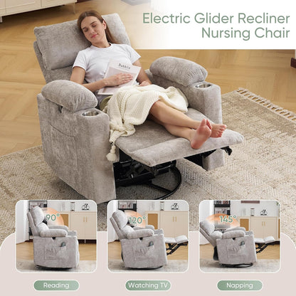 Rocking Chair Nursery with Adjustable Armrest for Breastfeeding, Glider Recliner Nursery Chair with Massage and Heat, Power Swivel Rocker Recliner with Adjustable Headrest, Corduroy, Beige