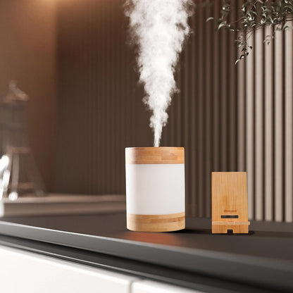 Bamboo Ultrasonic Mini Humidifier, 400ml Quiet Desktop Humidifier with Dual LED Night Light, USB-C Powered, Auto Shut-Off, Portable Small Room Air Moisturizer for Bedroom, Desk, Office & Travel