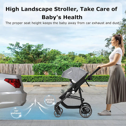 INFANS 2 in 1 Baby Stroller, High Landscape Infant Stroller & Reversible Bassinet Pram, Foldable Pushchair with Adjustable Canopy, Storage Basket, Cup Holder, Suspension Wheels (Black)