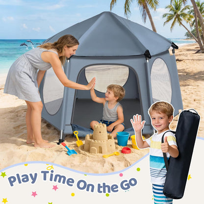 Pop Up Playpen for Baby - Instant Setup Portable Playard with UV Canopy & Mosquito Net - Indoor Outdoor Travel Crib with Carry Bag Grey