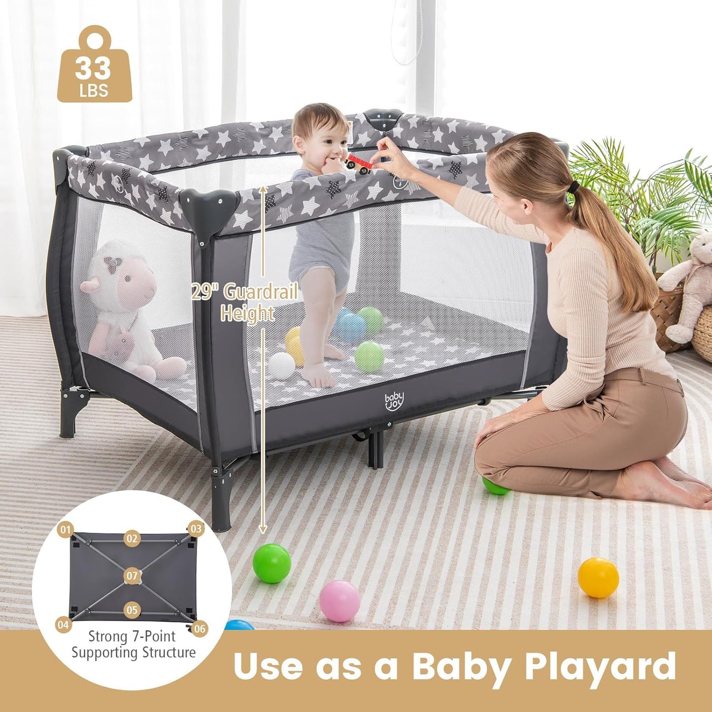 Costzon 3 in 1 Pack and Play with Bassinet, Portable Baby Playard with Changing Table, Music Box, Whirling Toys, Wheels/Brake, Basket, Foldable Infant Bassinet Crib for Baby Toddlers Indoor Outdoor