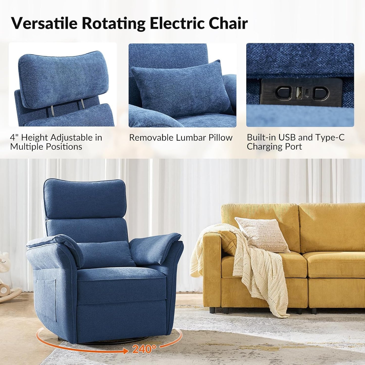 HULALA HOME Nursery Glider Recliner with Adjustable Headrest and Armrests, Power Swivel Rocker Recliner Chair with USB Port and Storage Bags, GREENGARD, FSC, CertiPUR-US® Certified, Beige