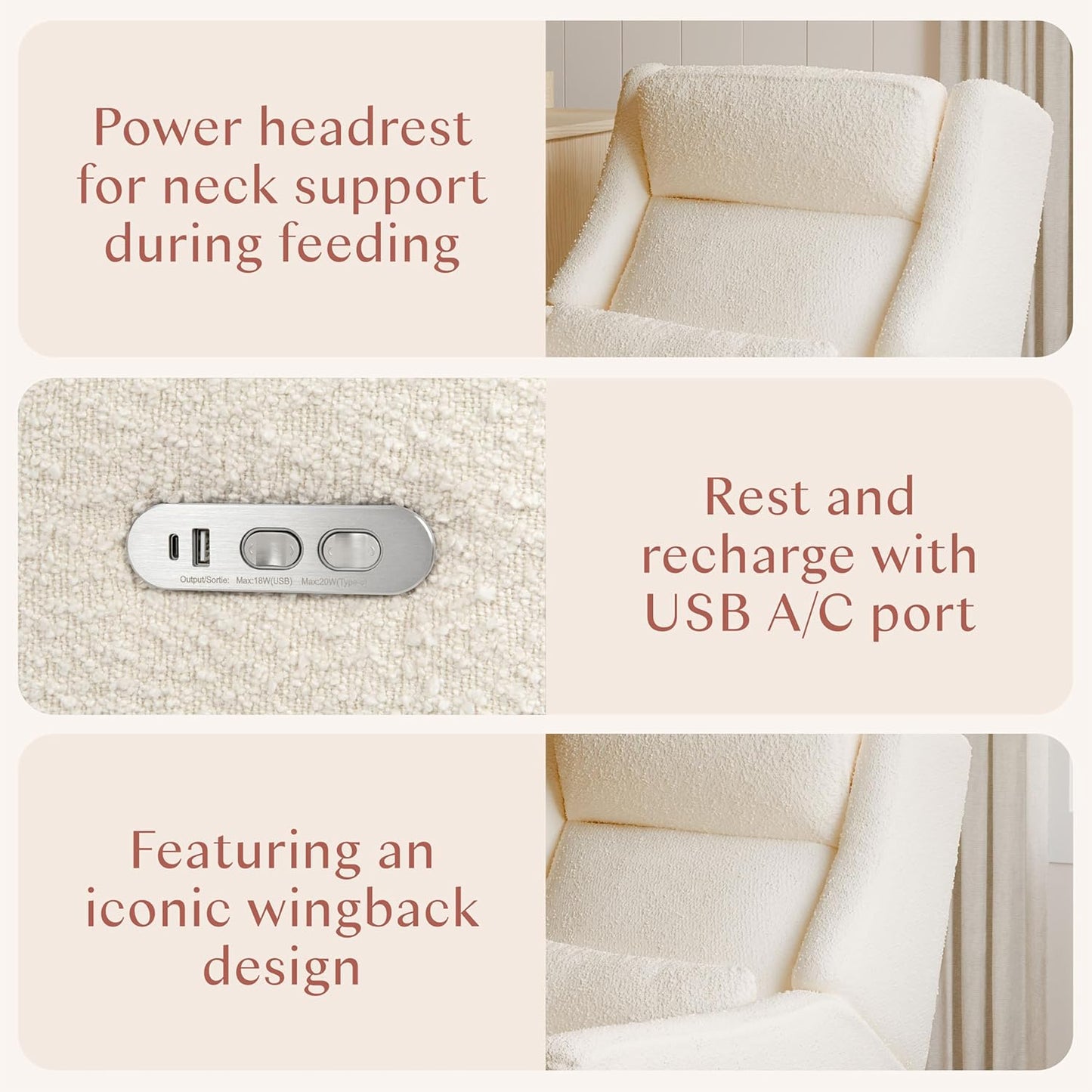 Kiwi Glider Recliner w/Electronic Control and USB | in Almond Teddy Loop w/Light Wood Base, Greenguard Gold Certified