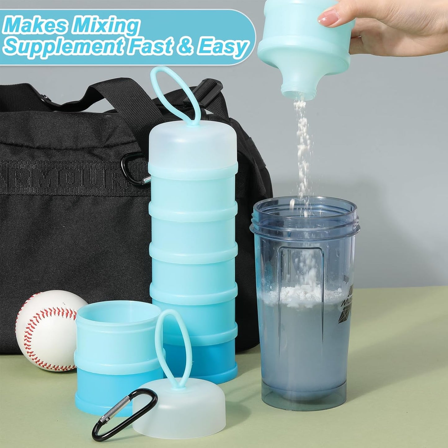 Baderke 2 Pcs Protein Powder Containers with Funnels Stand, 5 and 3 Layers Stackable Powder Supplement Travel Container Formula Organizer Storage Powders Holder for Travel Workout Fitness(Blue)