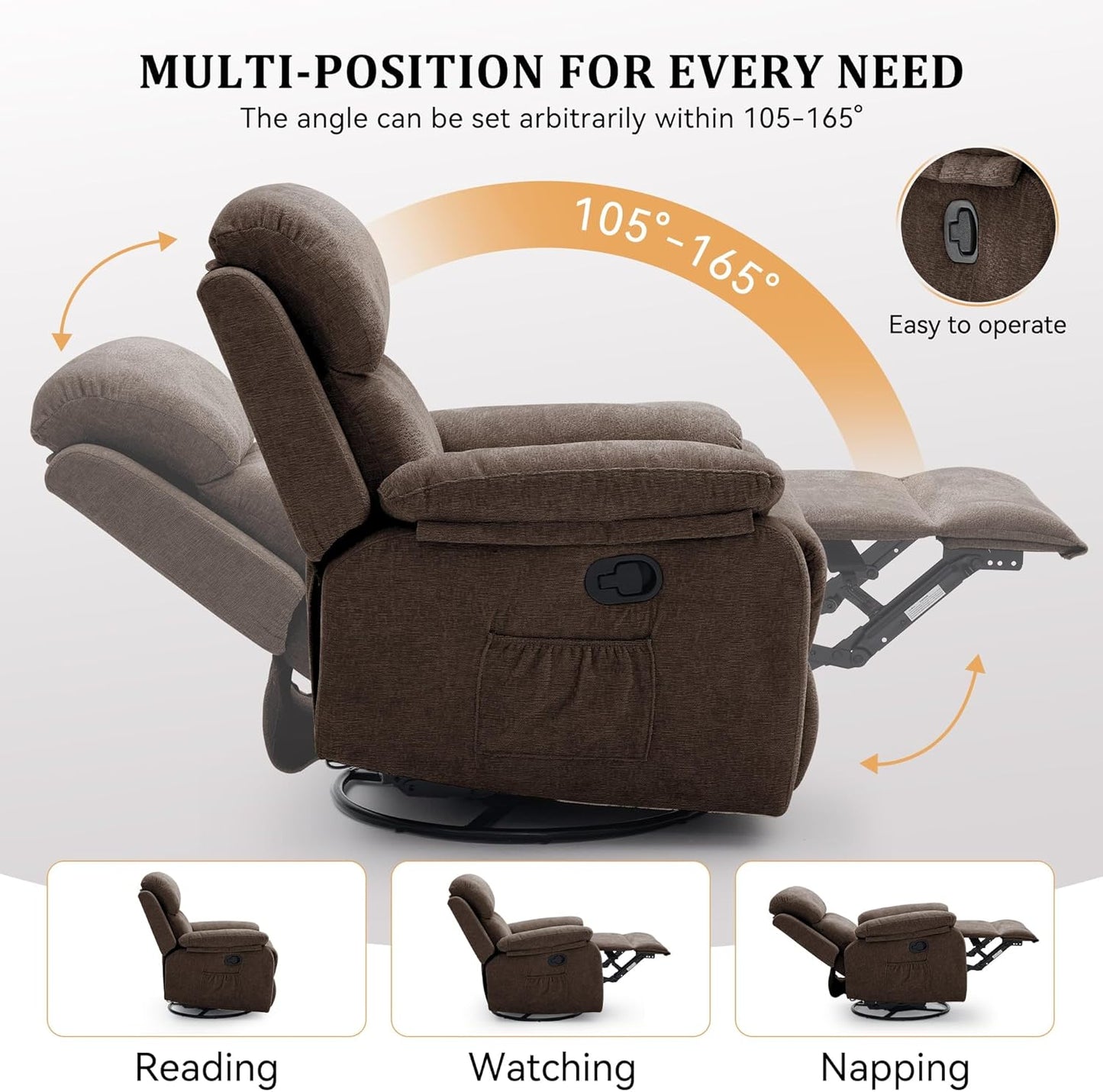 Korser Recliner Chair, 360 Swivel Rocker Chair for Adults, Small Rocking Recliner for Small Spaces, Upholstered Fabric Glider Recliner Nursery
