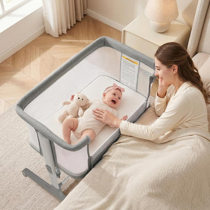 INFANS 3 in 1 Baby Bassinet, Bedside Sleeper for Newborn, Folding Crib with Mattress, Travel Bag, Wheels, 4-Sided Mesh, Easy to Assemble Cradle Co Sleeper Stationary, Rock (Dark Grey)
