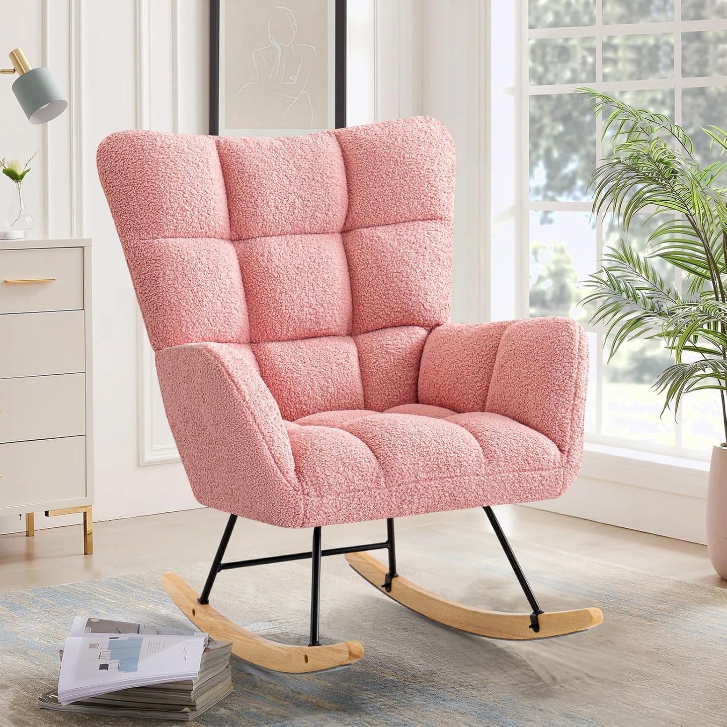 Furniliving Nursery Rocking Chair Upholstered Glider Rocking Chair Modern Accent Chair Padded Seat Reading Chair with High Backrest Comfy Chair for Living Room, Bedroom, Nursery, Black, Teddy