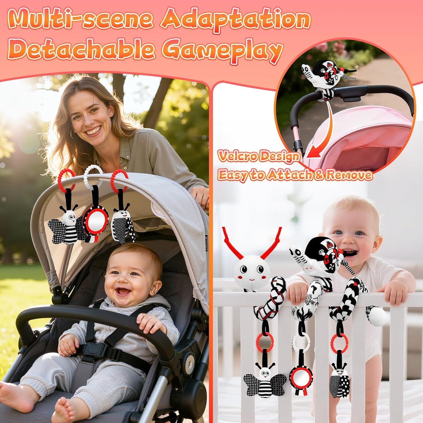 Car Seat Toys for Babies, 0-6 Months Stroller Activity Black White Baby Spiral Plush Toys Newborn High Contrast Sensory Carseat Toys with 4 Pendants Hanging Boys Girls Gift