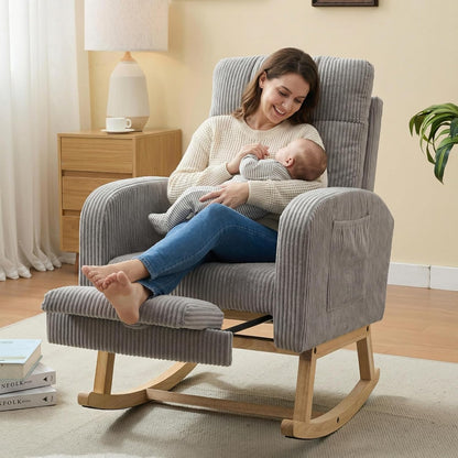 NIOIIKIT Nursery Rocking Chair, Corduroy Upholstered Rocking Chair with Adjustable Footrest, Tufted Rocker Chair with Side Pocket, Glider Rocker for Living Room, Bedroom (Cream Retro)