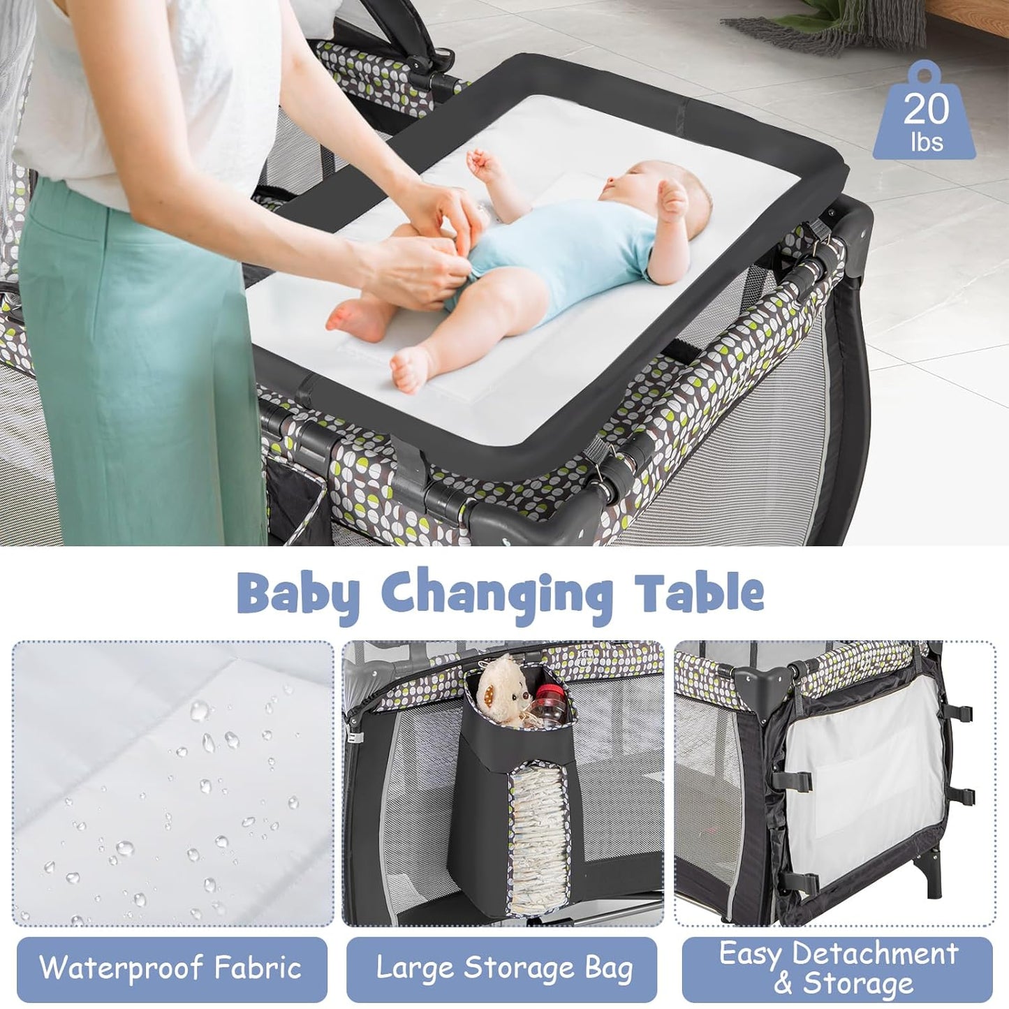 HONEY JOY Pack and Play with Bassinet, 4-in-1 Portable Baby Playard with Changing Table, Net & Cute Toys, Diaper Storage Bag, Music Box, Wheels with Brake, Foldable Newborn Play Yard w/Carry Bag