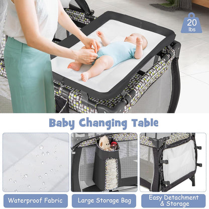 HONEY JOY Pack and Play with Bassinet, 4-in-1 Portable Baby Playard with Changing Table, Net & Cute Toys, Diaper Storage Bag, Music Box, Wheels with Brake, Foldable Newborn Play Yard w/Carry Bag