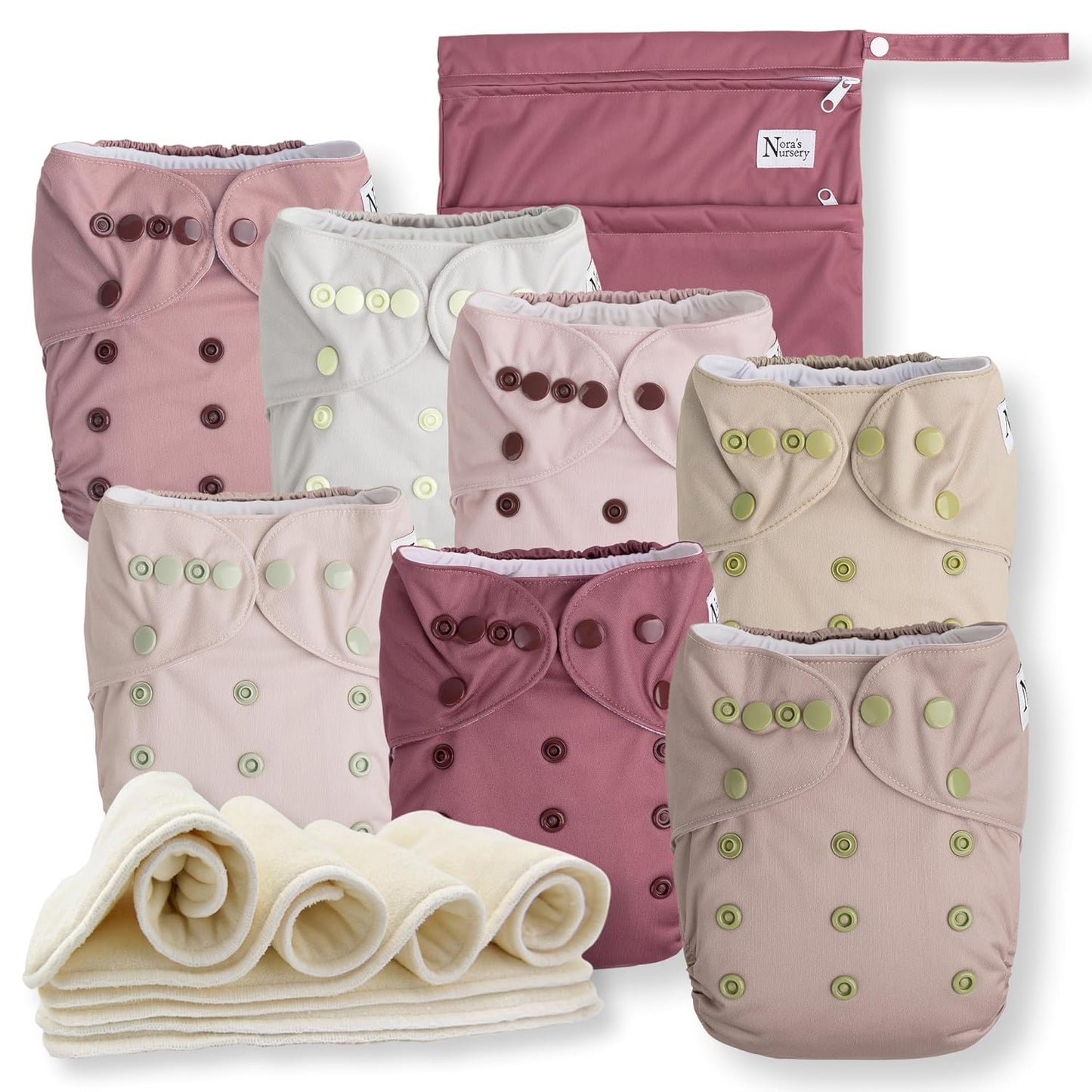 Nora's Nursery Cloth Diapers 7 Pack with 7 Inserts & 1 Wet Bag - Waterproof Cover, Washable, Reusable & One Size Adjustable Pocket Diapers for Newborns and Toddlers - Cali Coastal