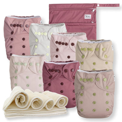 Nora's Nursery Cloth Diapers 7 Pack with 7 Inserts & 1 Wet Bag - Waterproof Cover, Washable, Reusable & One Size Adjustable Pocket Diapers for Newborns and Toddlers - Cali Coastal