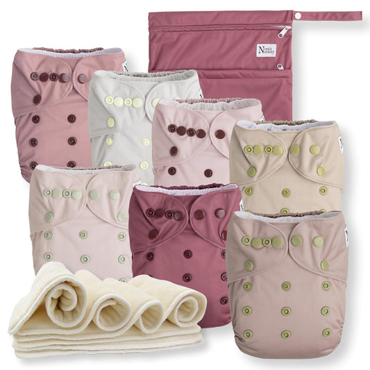 Nora's Nursery Cloth Diapers 7 Pack with 7 Inserts & 1 Wet Bag - Waterproof Cover, Washable, Reusable & One Size Adjustable Pocket Diapers for Newborns and Toddlers - Cali Coastal