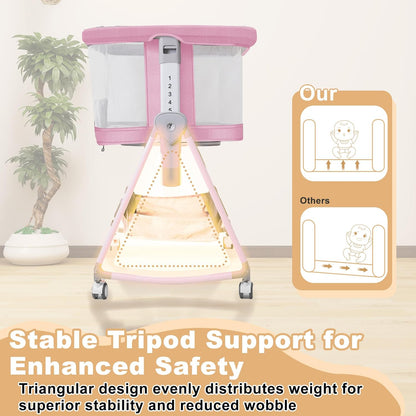 Baby Bassinet,3 in 1 Bedside Bassinet for Baby with Hanging Toys,Foldable Baby Bassinets Bedside Sleeper,4-Sided Mesh Bedside Crib with Wheels and Storage Basket,6 Height Adjustable (Light Grey)