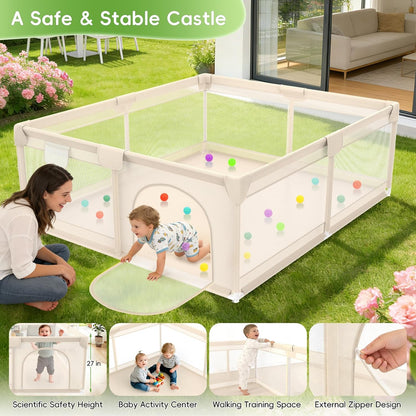 Baby Playpen with Mat 79x71inch - Extra Large Play Pen for Babies and Toddlers Indoor & Outdoor Baby Playard with Soft Breathable Mesh Cover - Sturdy Foam Infant Gate Playpen(Apricot)