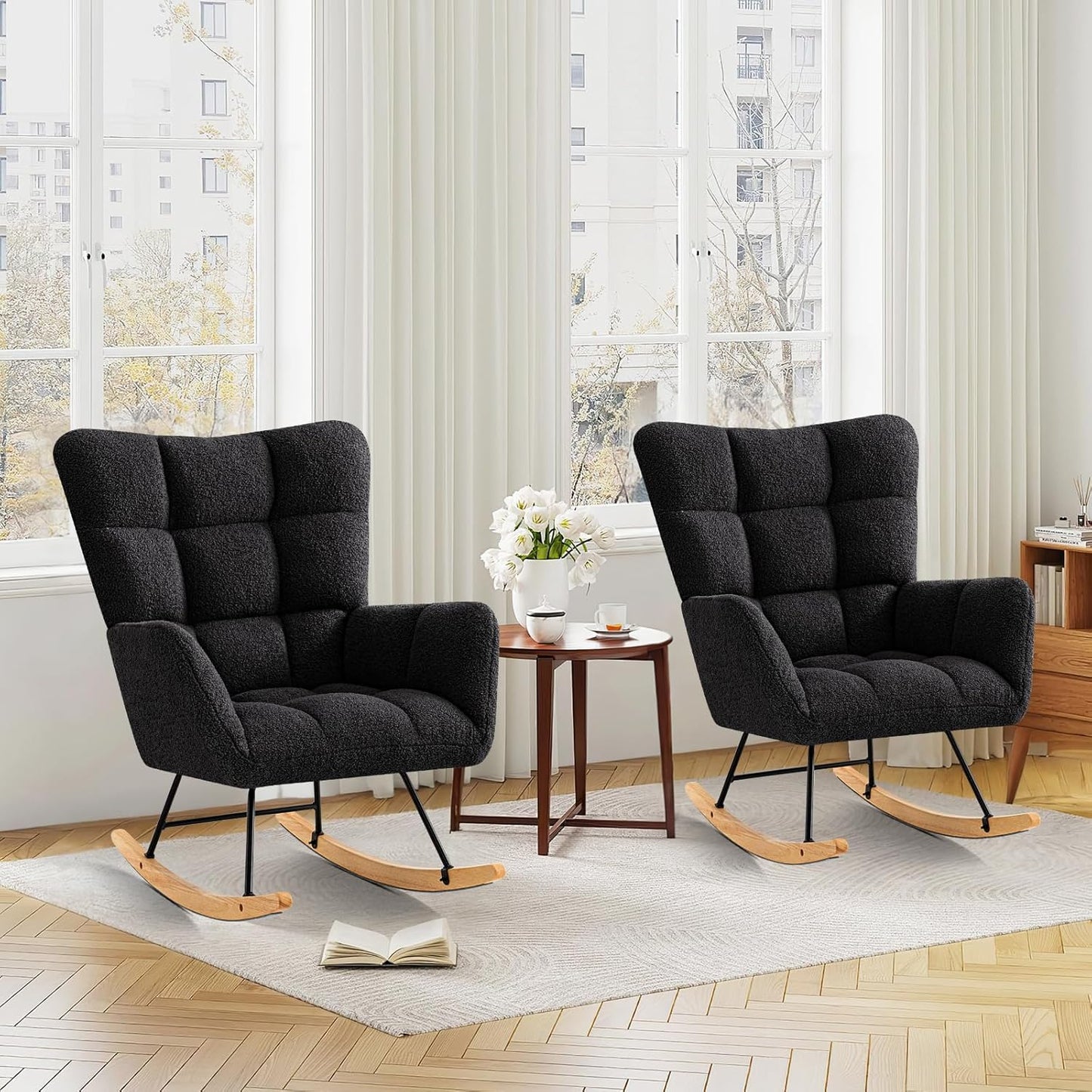 Furniliving Nursery Rocking Chair Upholstered Glider Rocking Chair Modern Accent Chair Padded Seat Reading Chair with High Backrest Comfy Chair for Living Room, Bedroom, Nursery, Black, Teddy