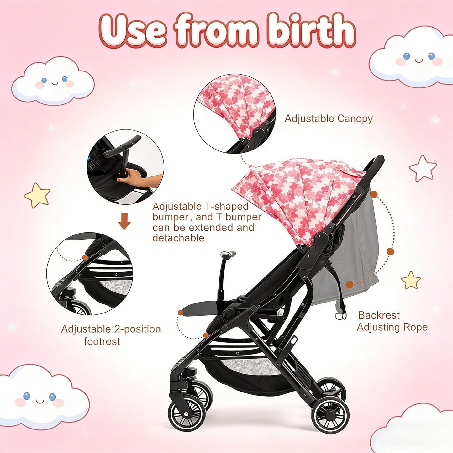 COOL KIDS Portable Stroller with Automatic Fold,Lightweight Umbrella Stroller with Pop Out Sun Canopy,Compact for Travel(Pink)